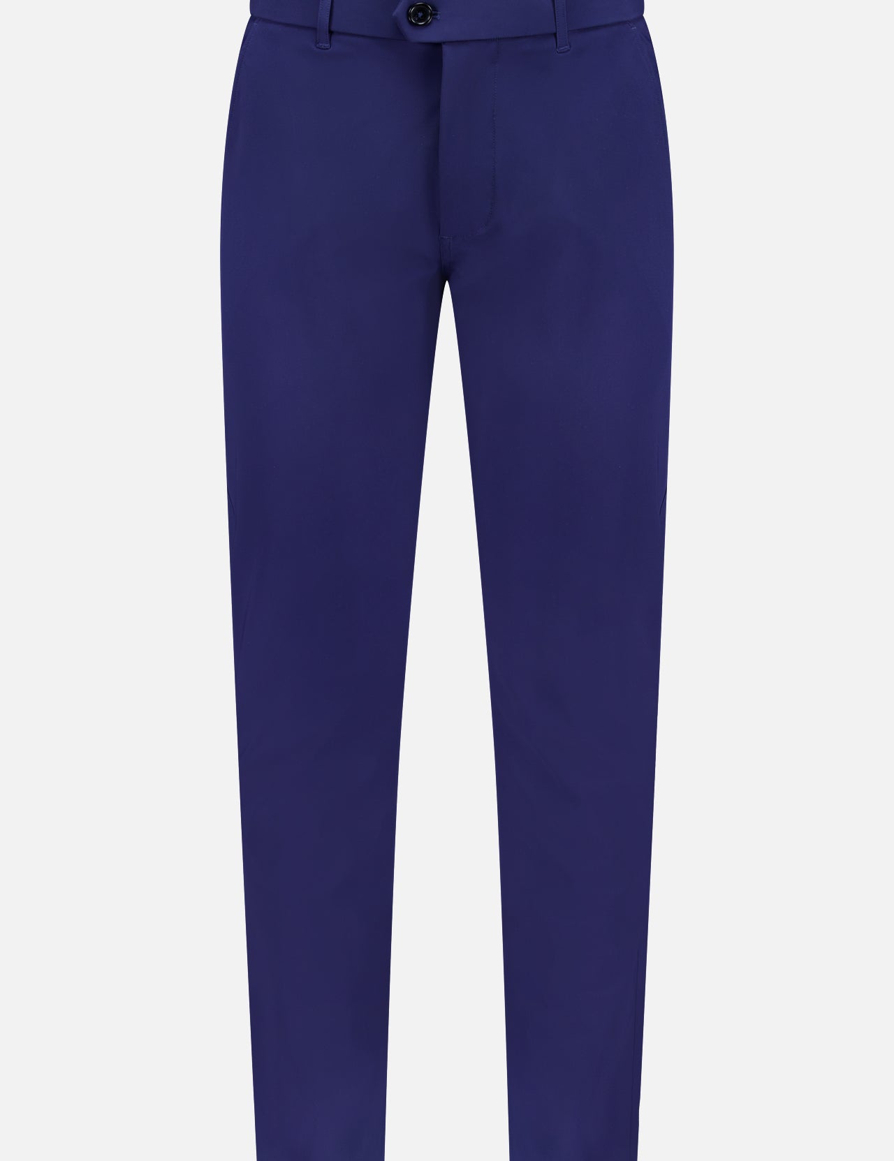 The Montauk Stretch Trouser by GREYSON is a slim-fit, ankle-length dark blue pair made from premium Italian fabric with a flat front, belt loops, and button-zipper closure, shown against a plain white background.