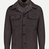 MOORER Dasson Removable bib Jacket for men in dark brown virgin wool, featuring four front pockets, button closures, and a zip-up inner vest, shown on a plain white background.
