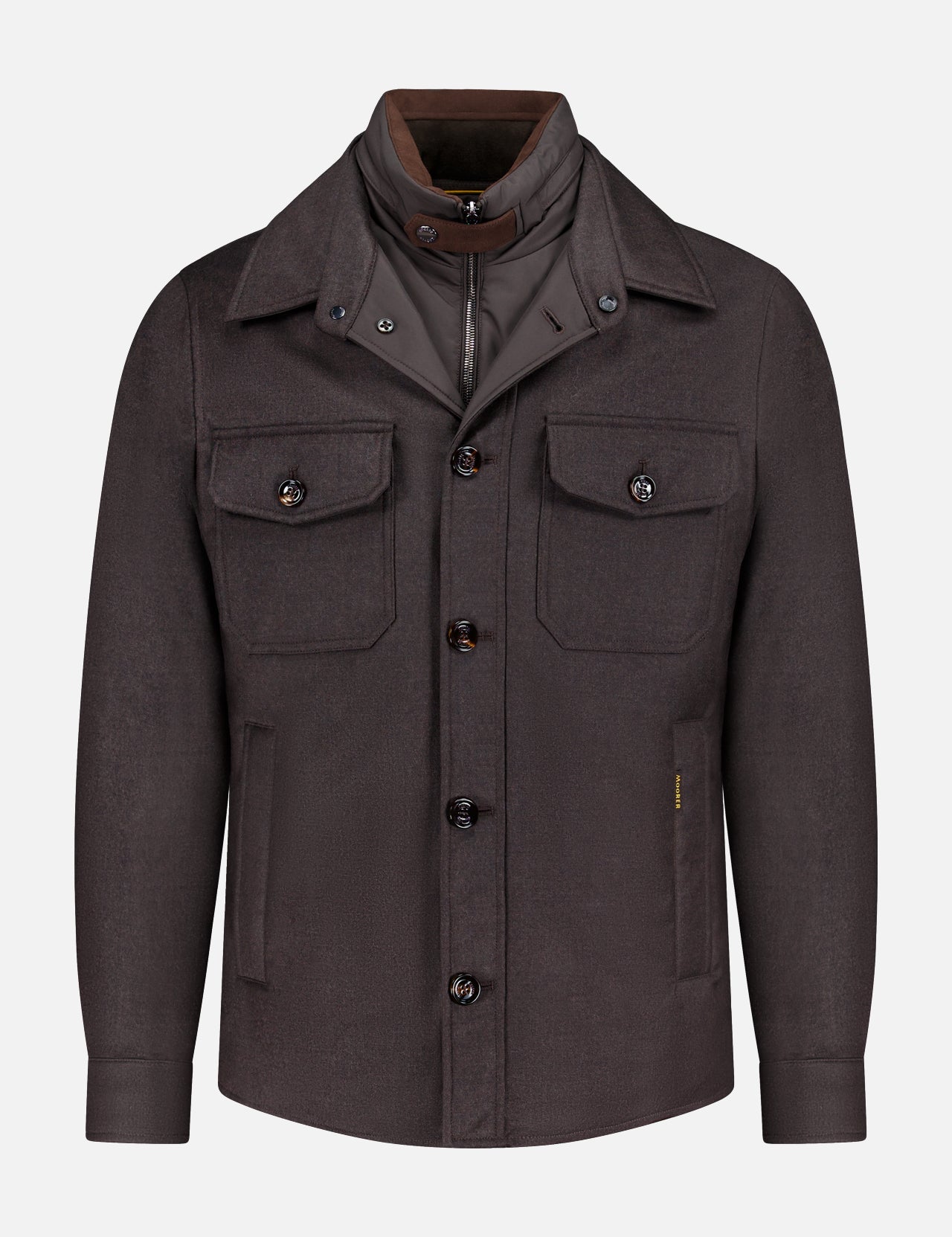 MOORER Dasson Removable bib Jacket for men in dark brown virgin wool, featuring four front pockets, button closures, and a zip-up inner vest, shown on a plain white background.