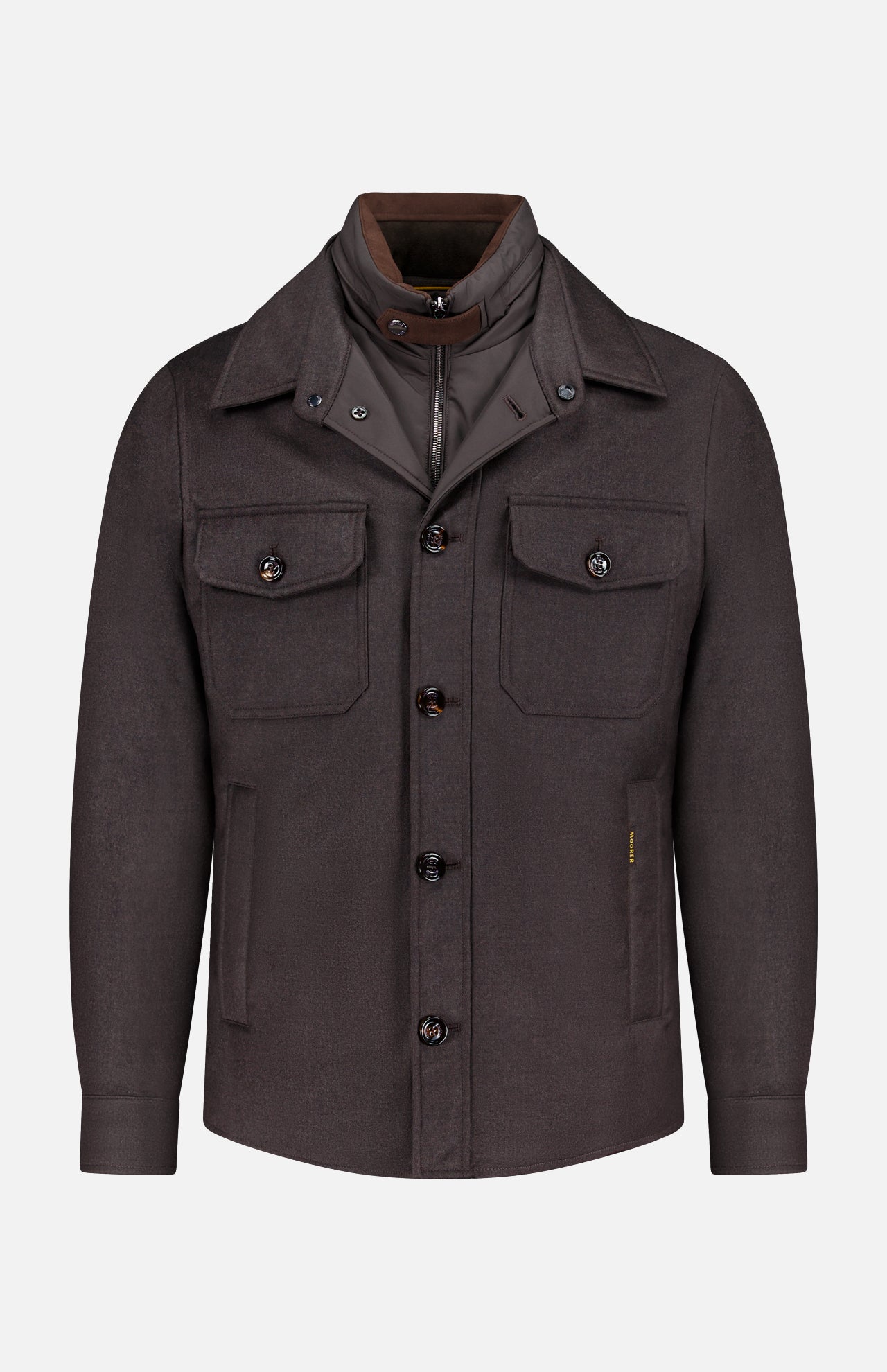 MOORER Dasson Removable bib Jacket for men in dark brown virgin wool, featuring four front pockets, button closures, and a zip-up inner vest, shown on a plain white background.