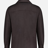 A back view of the Dasson Removable bib Jacket by MOORER, a long-sleeve dark brown virgin wool jacket with buttoned cuffs and a collared design, shown against a plain white background.