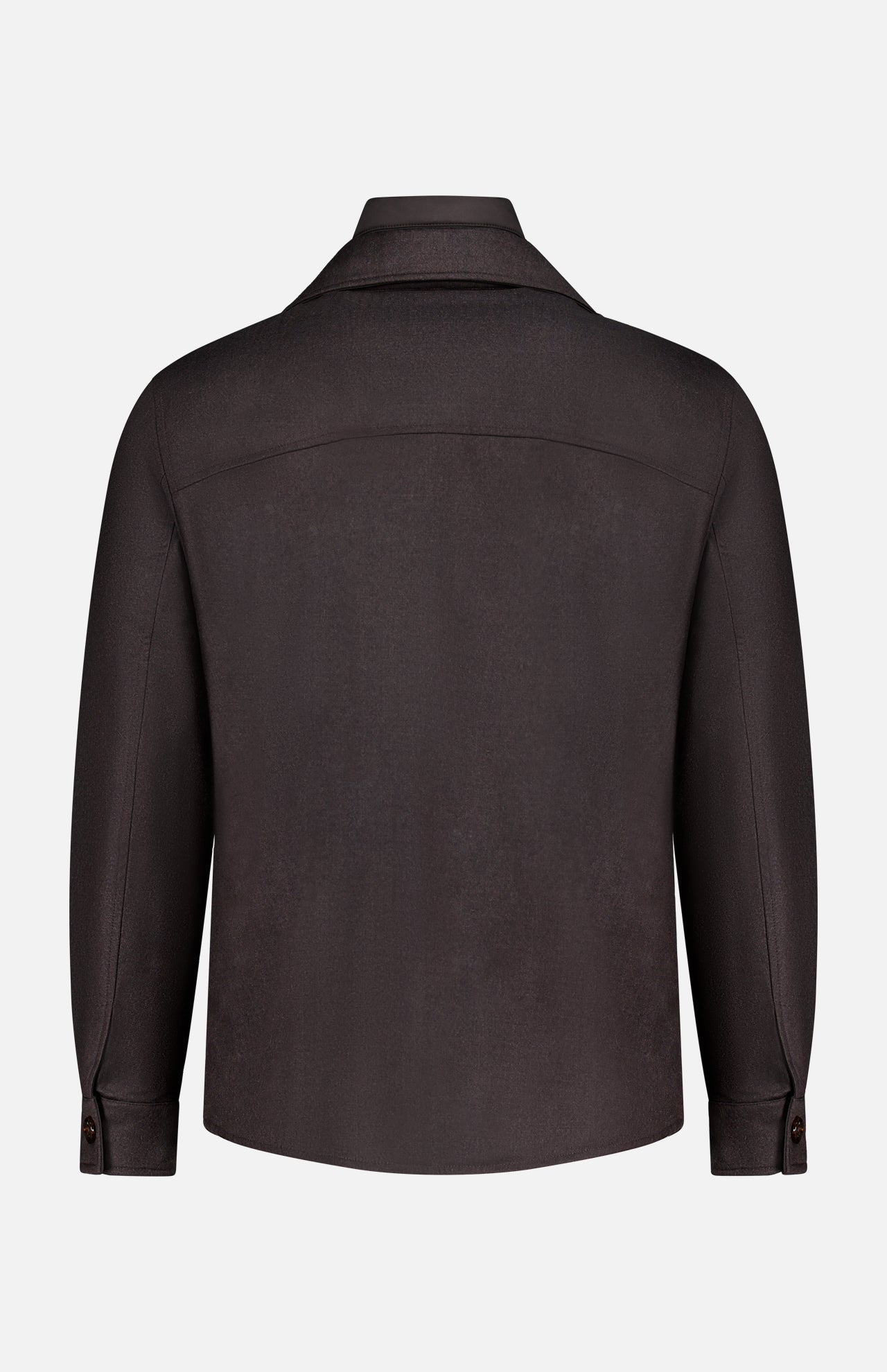 A back view of the Dasson Removable bib Jacket by MOORER, a long-sleeve dark brown virgin wool jacket with buttoned cuffs and a collared design, shown against a plain white background.