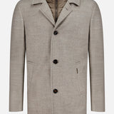 The MOORER Monferrato Removable Bib Jacket in light gray virgin wool features three buttons, side pockets, a notched collar, and an olive green quilted detachable interior bib, shown against a white background.