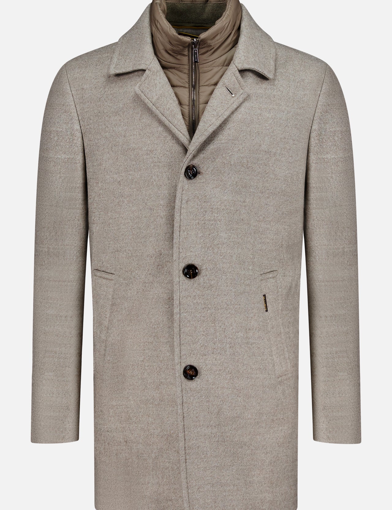The MOORER Monferrato Removable Bib Jacket in light gray virgin wool features three buttons, side pockets, a notched collar, and an olive green quilted detachable interior bib, shown against a white background.
