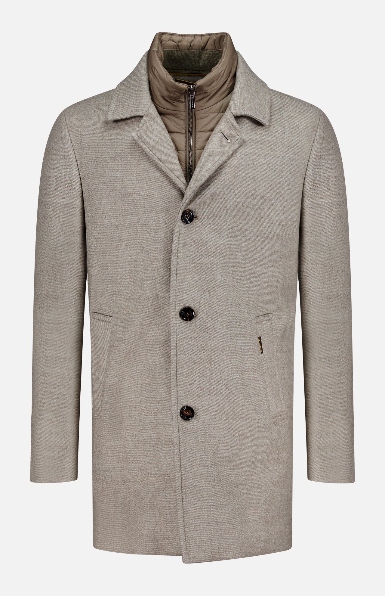 The MOORER Monferrato Removable Bib Jacket in light gray virgin wool features three buttons, side pockets, a notched collar, and an olive green quilted detachable interior bib, shown against a white background.