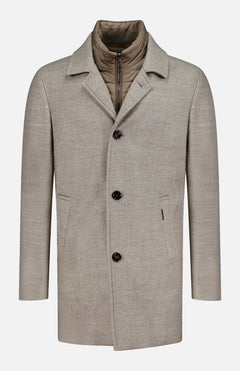 The MOORER Monferrato Removable Bib Jacket in light gray virgin wool features three buttons, side pockets, a notched collar, and an olive green quilted detachable interior bib, shown against a white background.