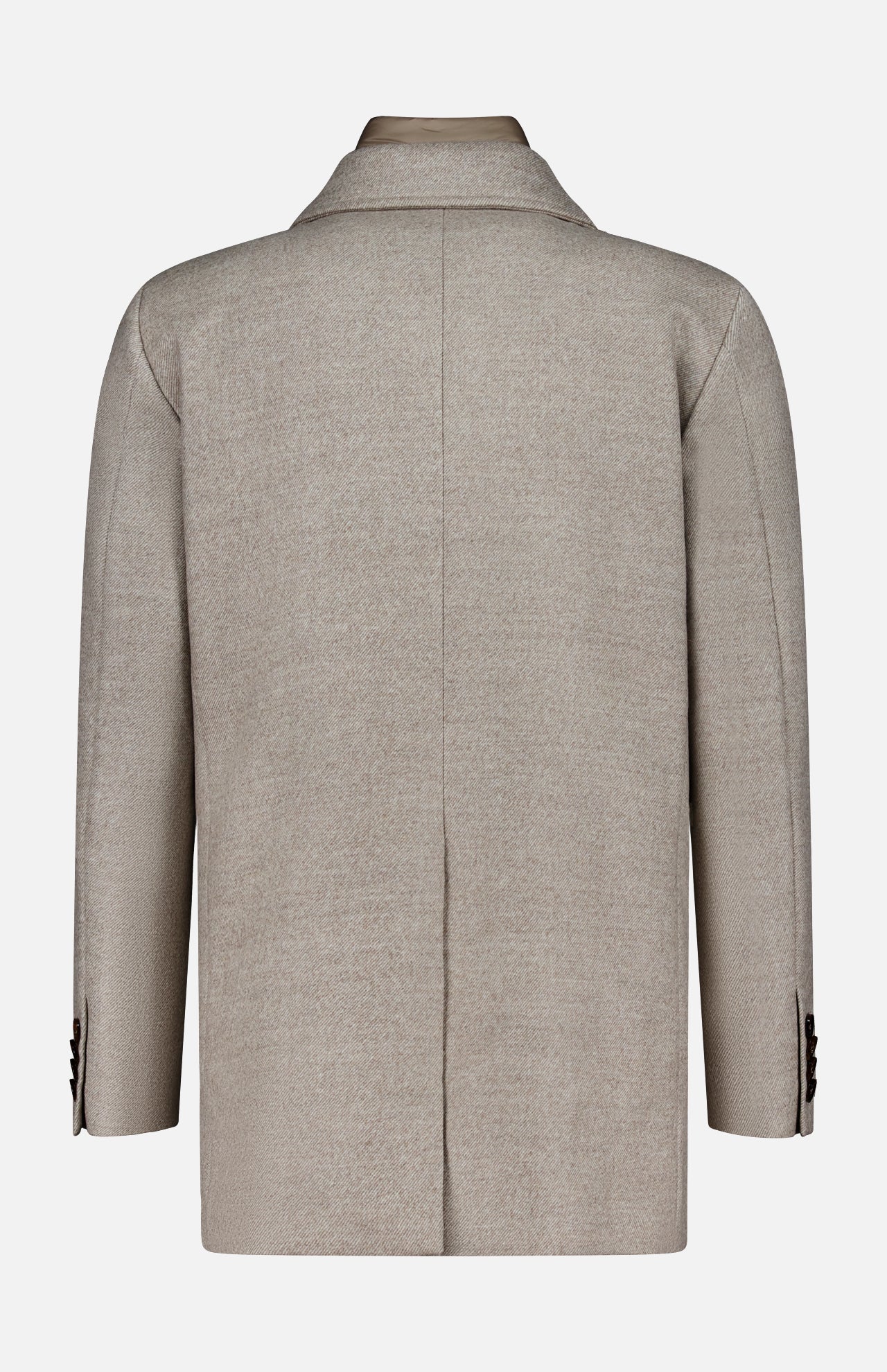 The Monferrato Removable Bib Jacket by MOORER in beige virgin wool is shown from the back with a single bottom vent and buttoned sleeve cuffs, set against a plain white background.