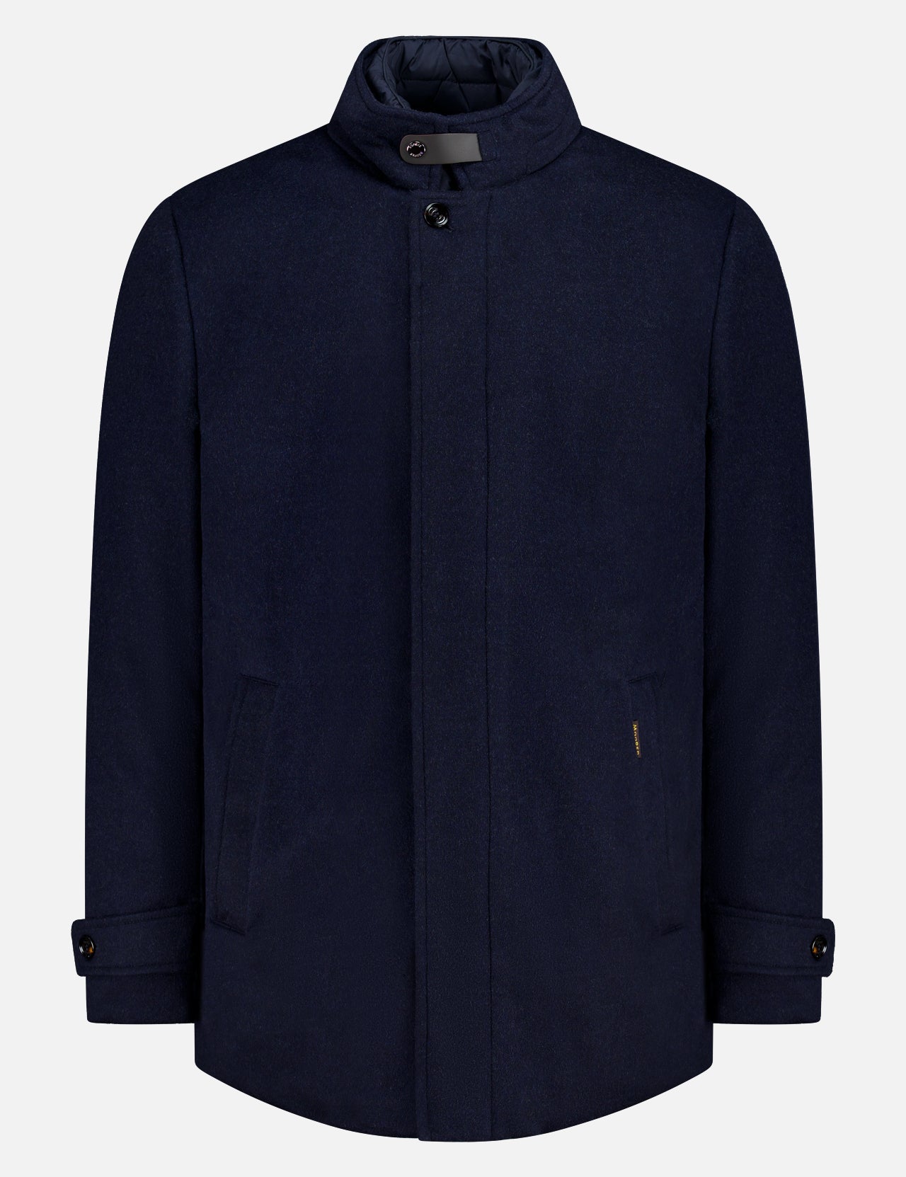 The Reis Removable Bib Jacket by MOORER features a navy blue design with high collar, button closure, side pockets, buttoned cuffs, and a detachable puffer bib, shown on a plain white background.