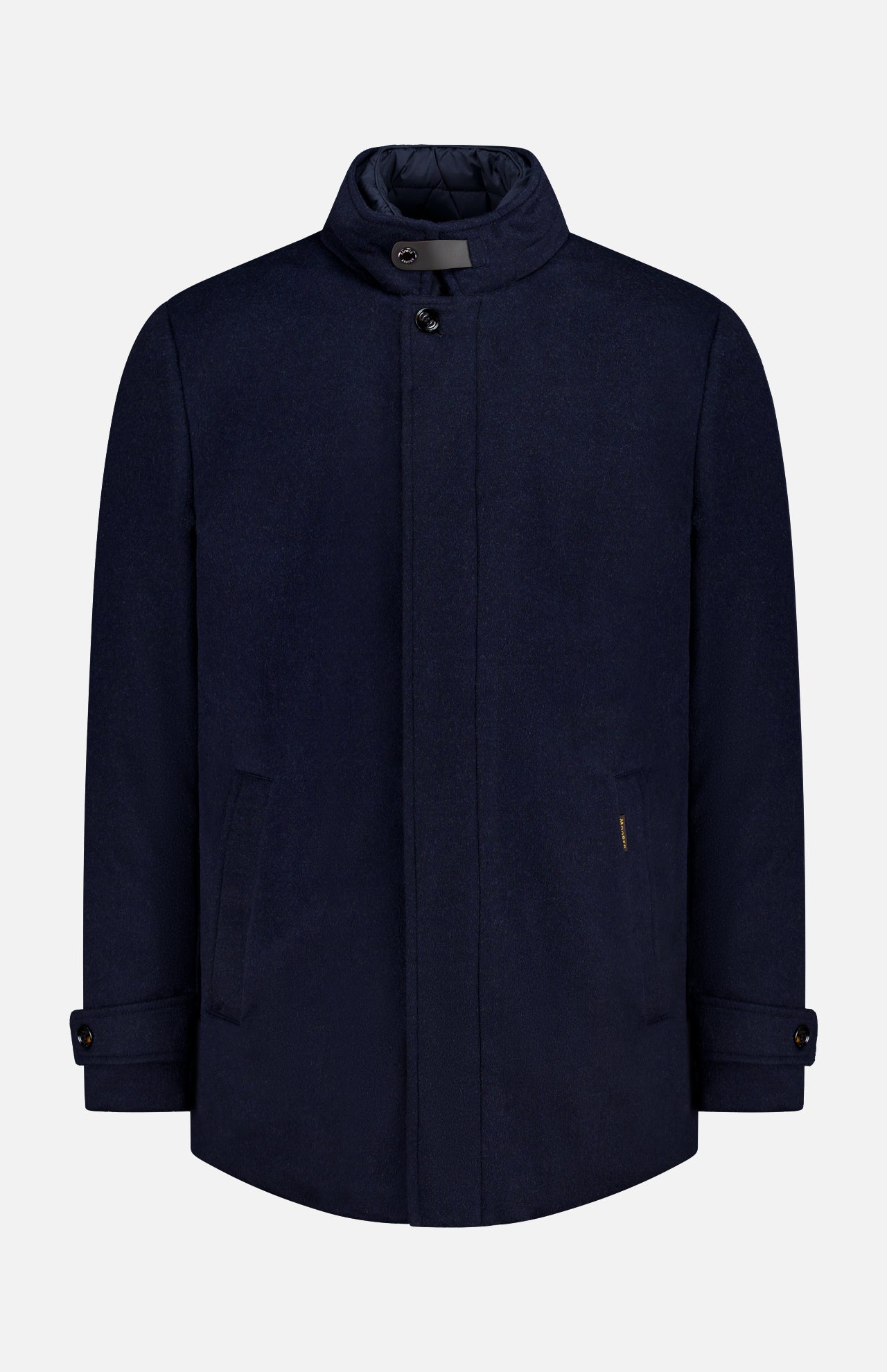 The Reis Removable Bib Jacket by MOORER features a navy blue design with high collar, button closure, side pockets, buttoned cuffs, and a detachable puffer bib, shown on a plain white background.