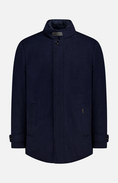 The Reis Removable Bib Jacket by MOORER features a navy blue design with high collar, button closure, side pockets, buttoned cuffs, and a detachable puffer bib, shown on a plain white background.