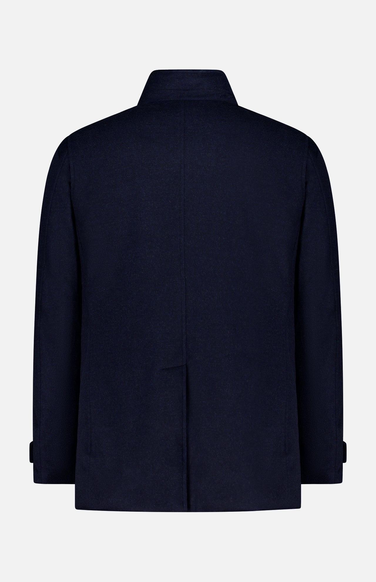 Back view of the MOORER Reis Removable Bib Jacket in dark navy with long sleeves, detachable puffer bib, and single vent, shown on a plain white background.