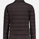The MOORER Sinardi Removable Bib Jacket is a dark brown waterproof jacket with a quilted design, horizontal stitching, long sleeves, and a detachable puffer bib, shown from the back on a white background.
