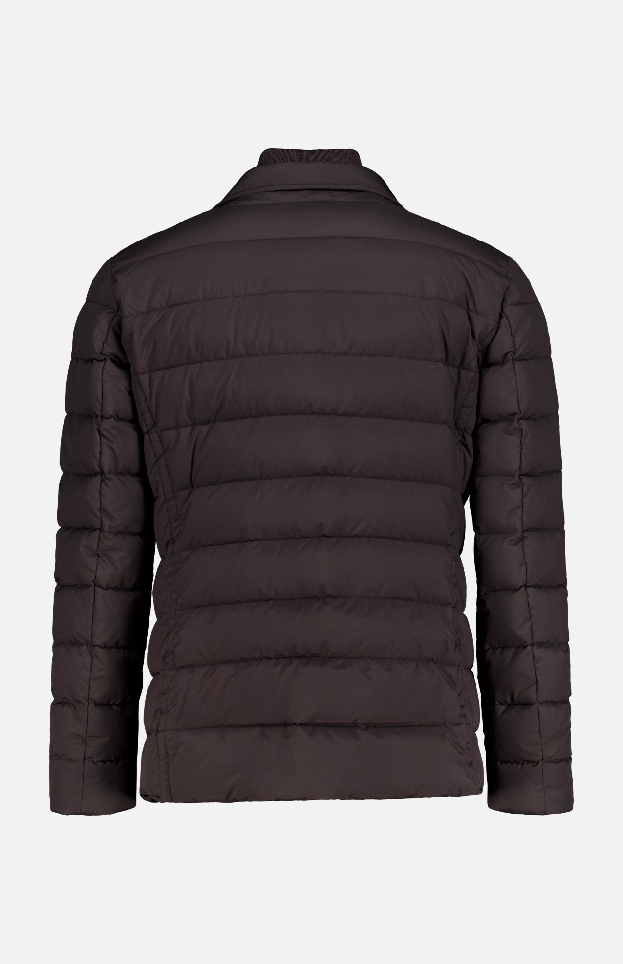 The MOORER Sinardi Removable Bib Jacket is a dark brown waterproof jacket with a quilted design, horizontal stitching, long sleeves, and a detachable puffer bib, shown from the back on a white background.