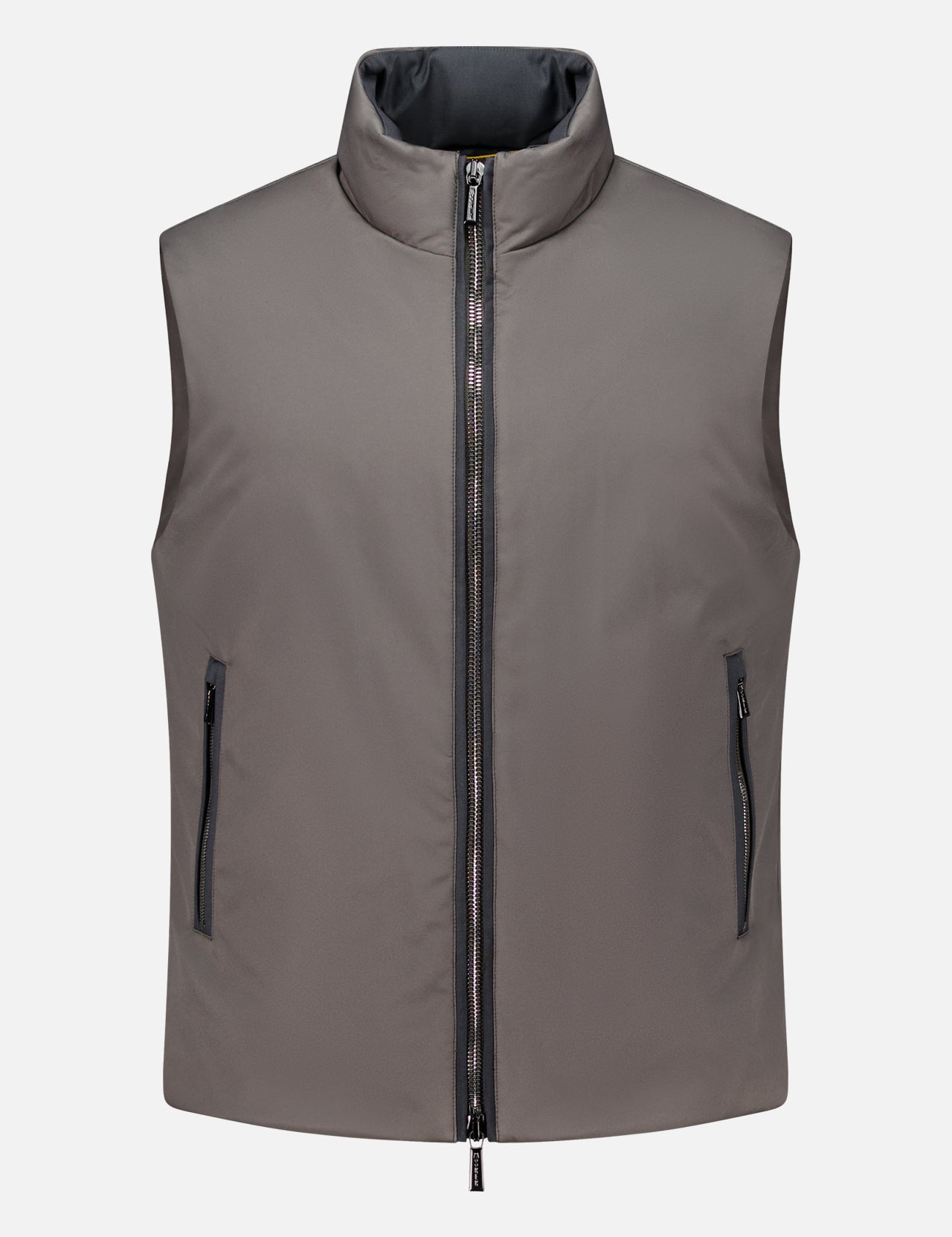 MooRER USA Traylor Vest in taupe, a sleeveless grey down vest with a high collar and a central front zipper.
