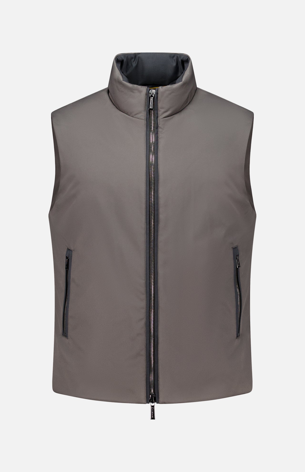 MooRER USA Traylor Vest in taupe, a sleeveless grey down vest with a high collar and a central front zipper.