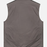 Back view of a grey MooRER USA Traylor Vest, featuring down-filling, a stand collar, and a bottom hem zipper.