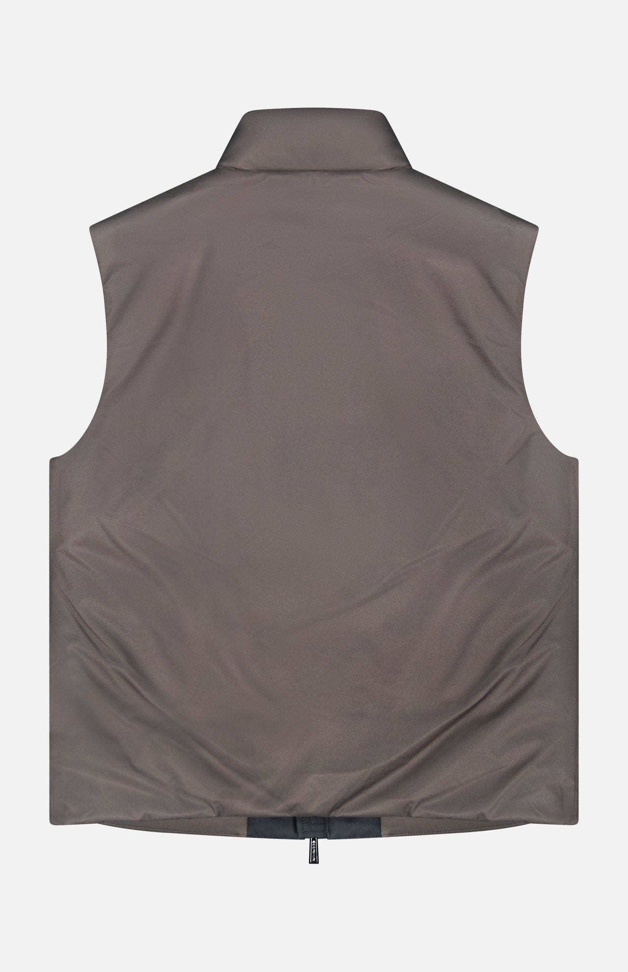 Back view of a grey MooRER USA Traylor Vest, featuring down-filling, a stand collar, and a bottom hem zipper.