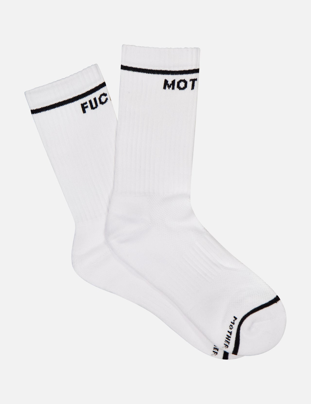 The Baby Steps Tube Socks by MOTHER are white cotton-blend crew socks featuring black stripes and bold black text reading "FUC" and "MOT," shown flat against a white background.