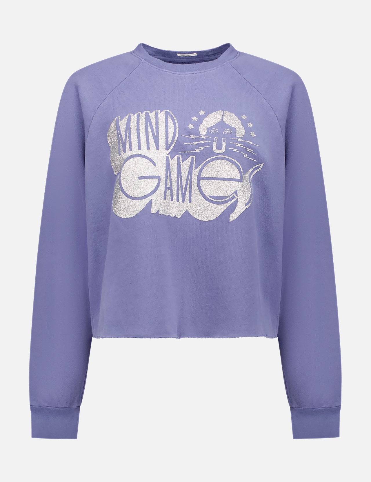 The Boost Crop Cut-Off Sweatshirt by MOTHER is a lavender 100% cotton top with "MIND GAMES" in glittery silver text and a cat design above, shown on a plain white background.
