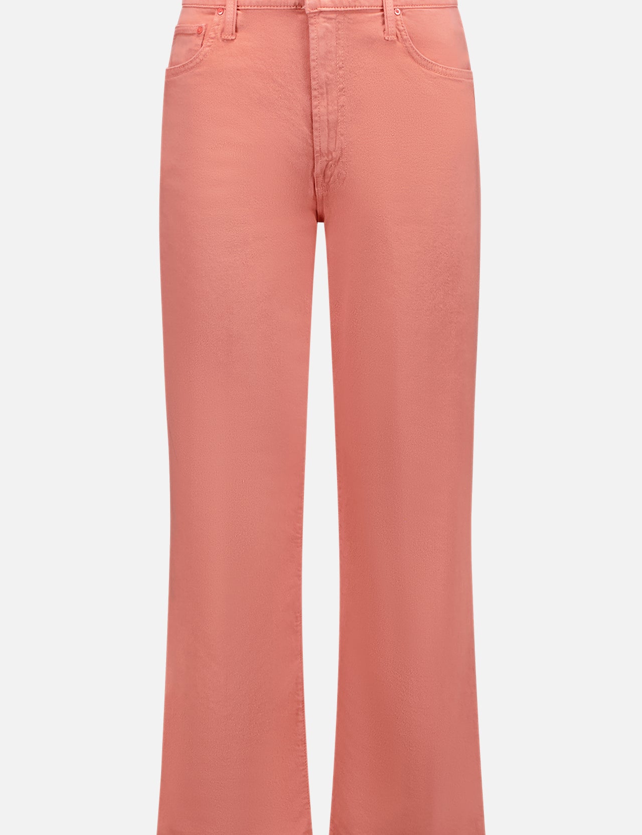 The Dodger Ankle by MOTHER: coral pink, ankle-length, high-waisted straight leg jeans featuring front and back pockets, button and zip closure, shown against a white background.