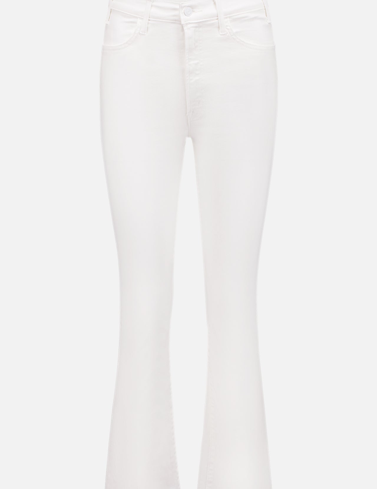 The Hustler Ankle Fray Jeans by MOTHER feature a high-rise flare in white denim, slight raw hem, and classic five-pocket design, shown on a plain white background.