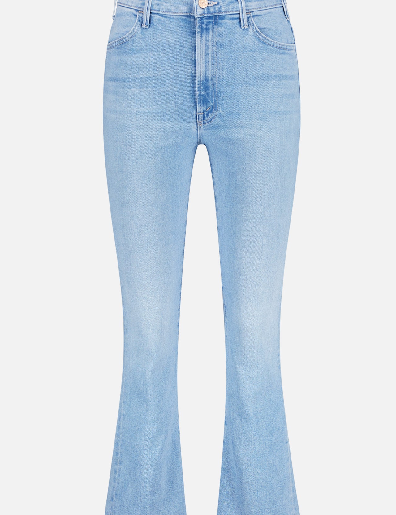 The Hustler Ankle Fray by MOTHER: light-blue, high-rise flare jeans with front and back pockets, belt loops, classic button-zip closure, raw hem, and slight flare at the ankle.