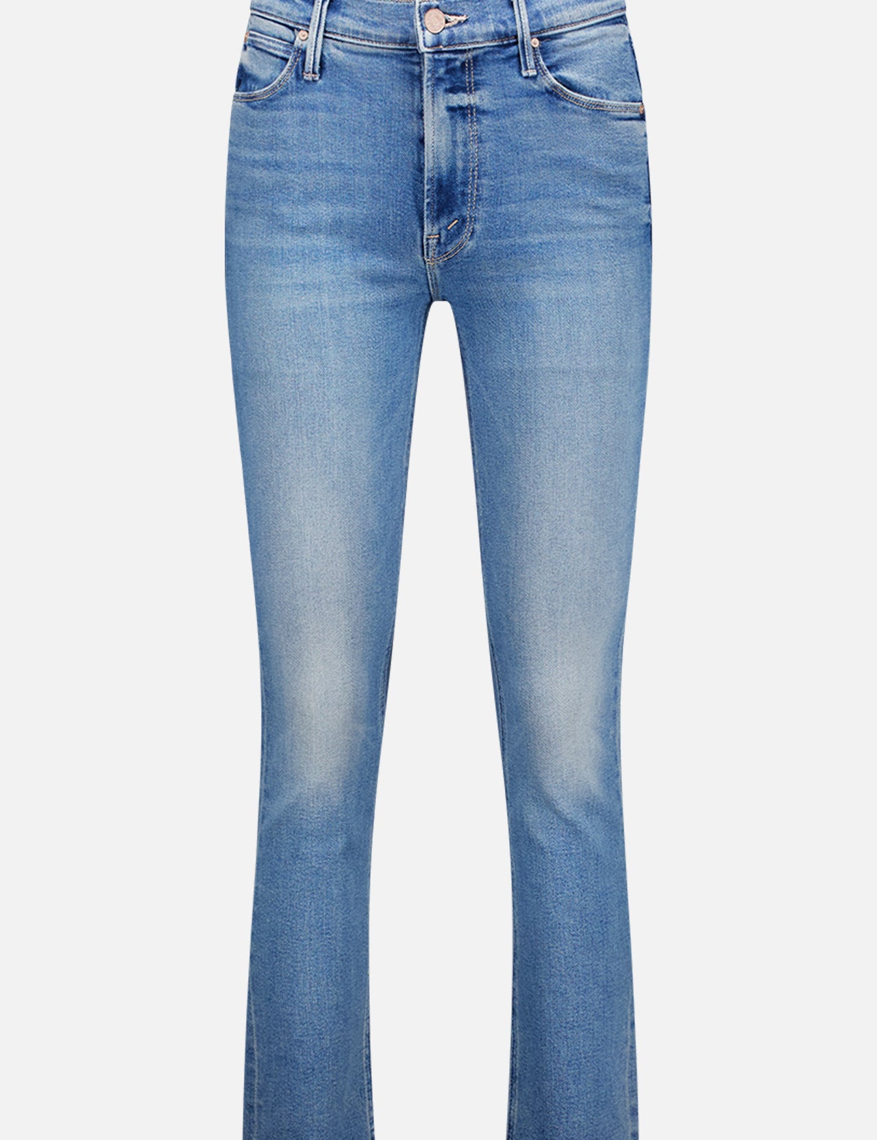 The Mid Rise Dazzler Ankle Fray by MOTHER are light blue, mid-rise straight leg jeans in vintage stretch denim, with a fitted waist, pockets, faded thighs, and a raw hem at the ankles.