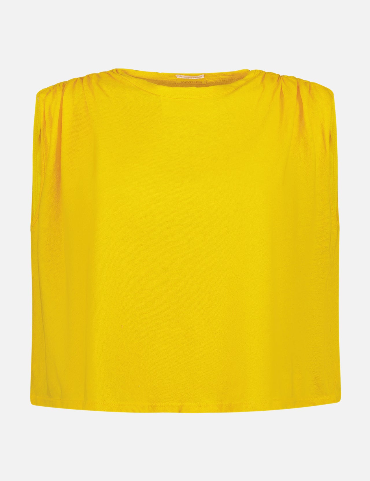 The Shear Strength Tank by MOTHER is a bright yellow, sleeveless, cropped top made from soft cotton linen. It features a round neckline and gathered shoulder details, shown against a white background.