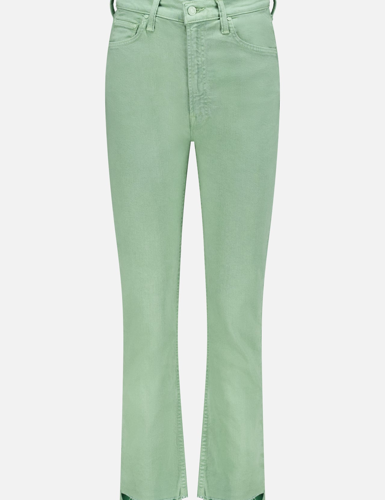 The Hi Waist Rider Ankle Step Fray Jean by MOTHER features a high waist, front and back pockets, belt loops, button and zip closure, frayed ankle hems, and a slightly flared cut in light army green denim.