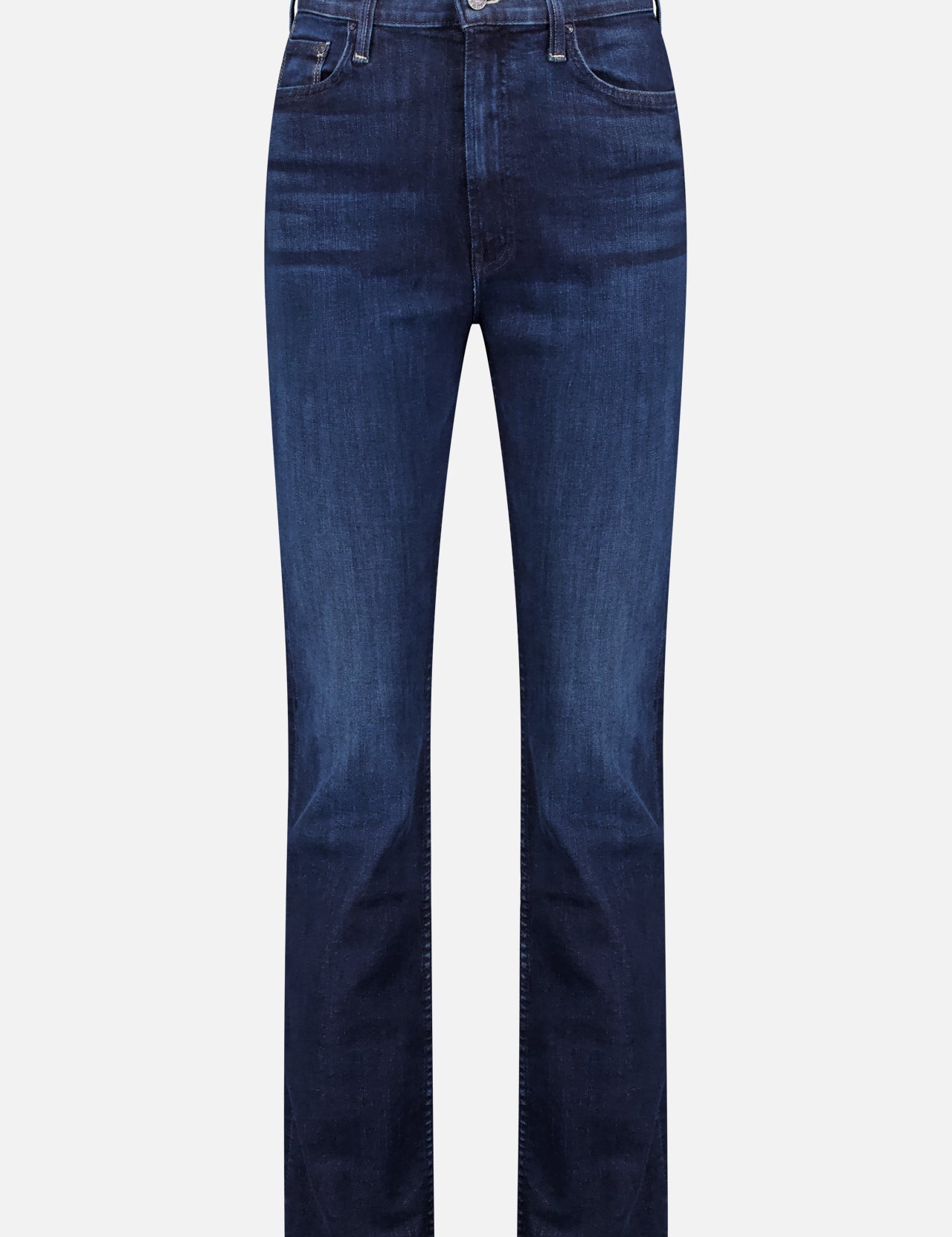 The MOTHER High Waisted Straight Leg Rider Skimp Jean features classic blue denim, button-zip closure, front and back pockets, subtle thigh fading, and a flattering high-rise fit.