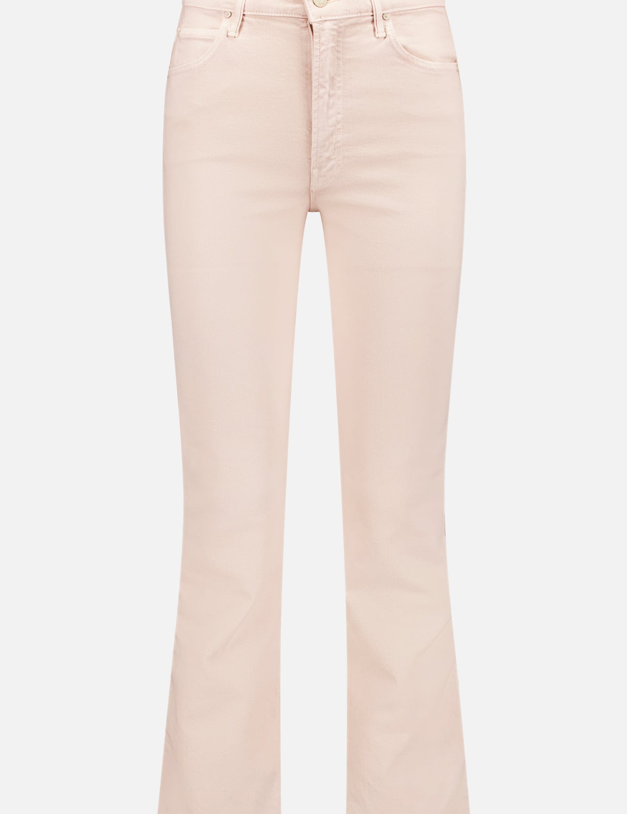 The MOTHER Mid Rise Flare Leg Smokin Double Flood Jean in light pink features front and back pockets, button and zip closure, made in the USA, and is displayed against a white background.