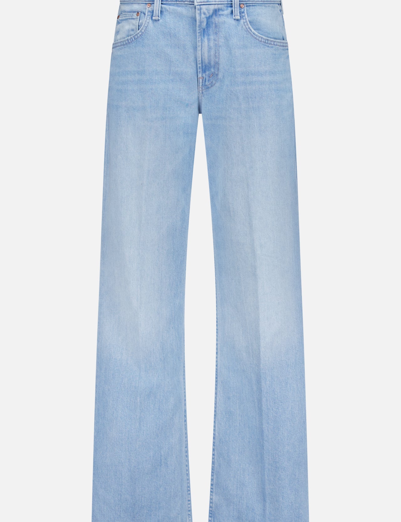 The Bookie Sneak Jean by MOTHER features a light blue wash, high waist, semi-rigid denim, straight wide-leg fit, classic five-pocket design, and button closure at the waistband.