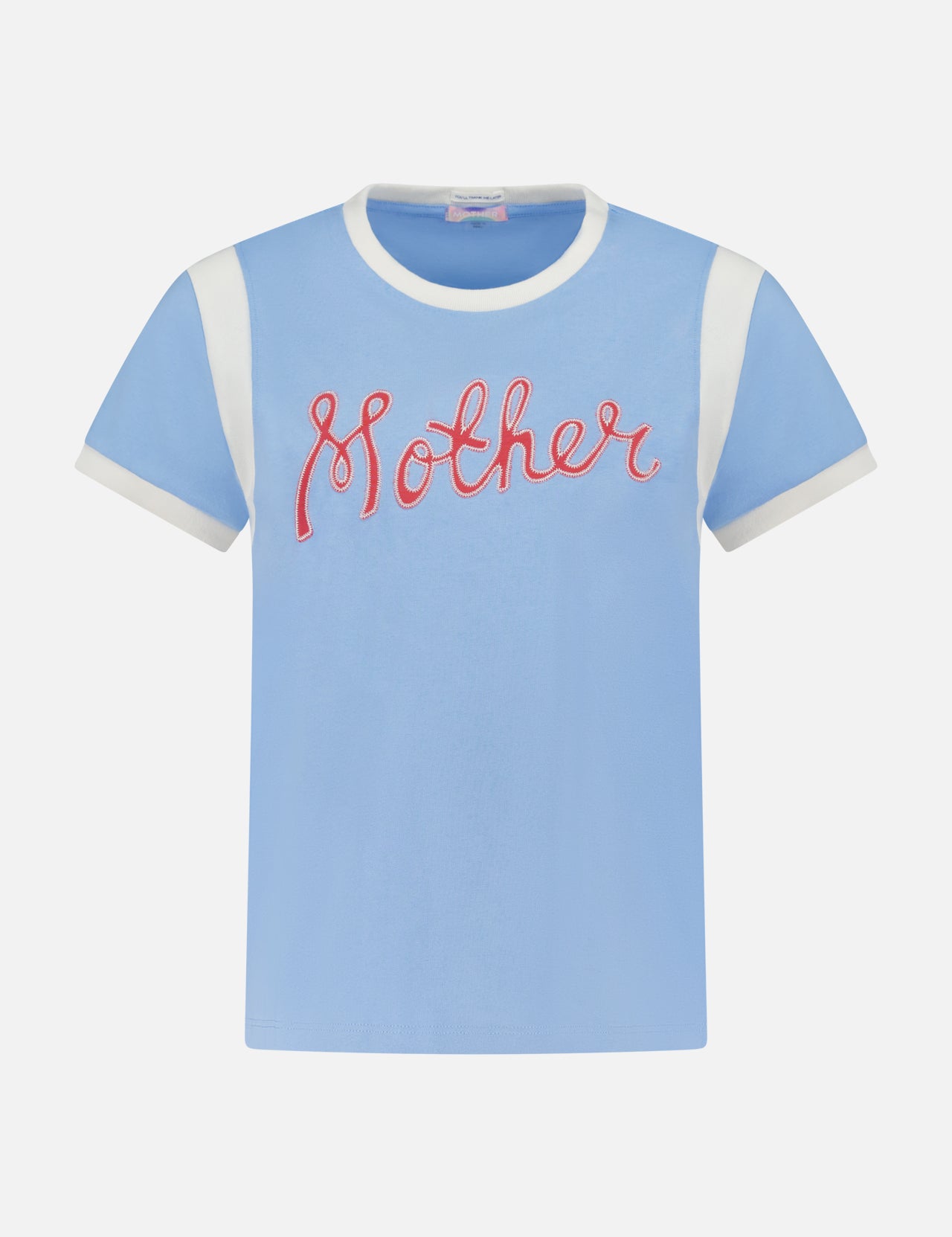 The Boxy Goodie Inset T-shirt by MOTHER is a light blue, boxy-fit short-sleeve tee with white shoulder and sleeve accents, featuring "Mother" in red cursive across the chest.