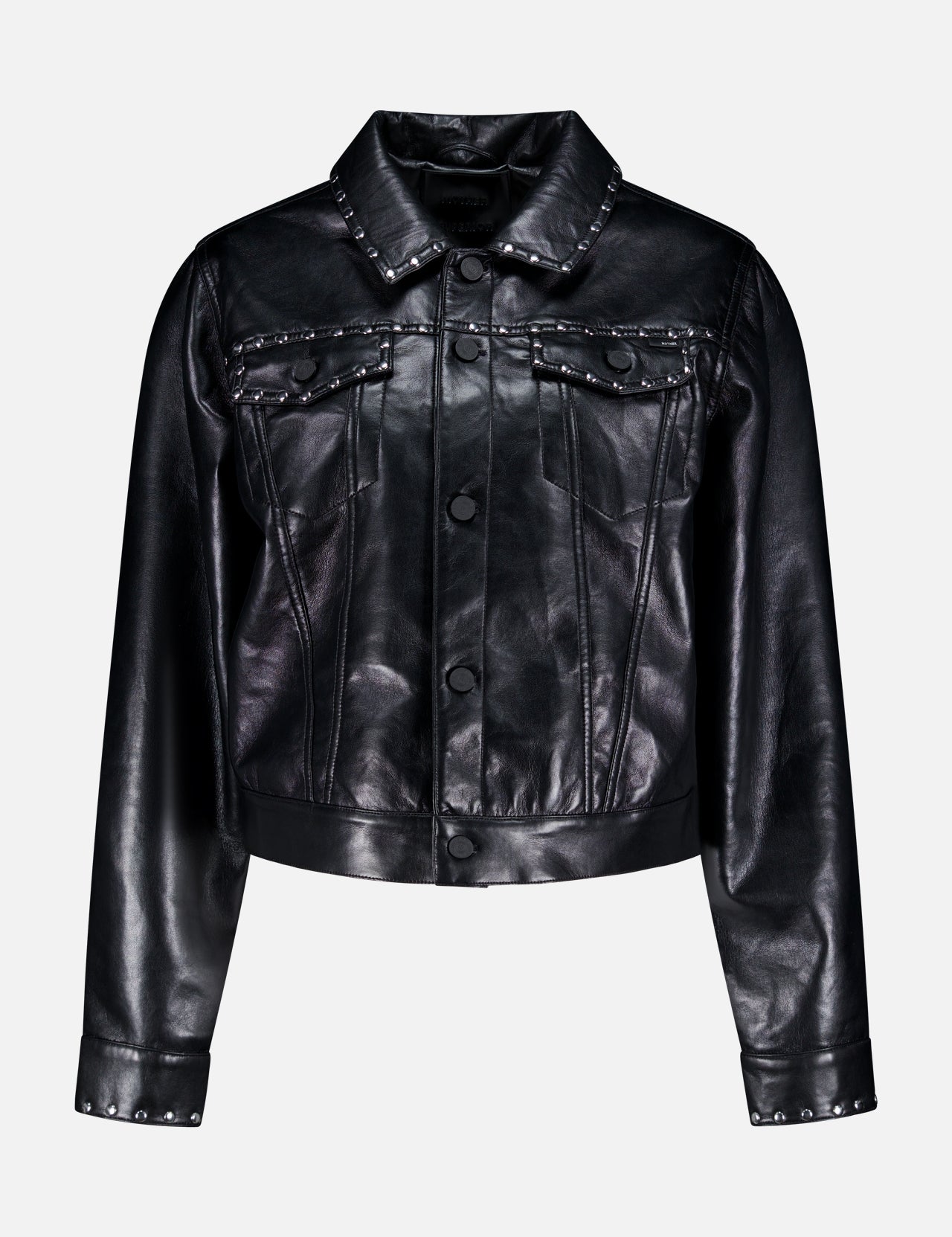 The Studded Bruiser Jacket by MOTHER is a black recycled leather jacket featuring long sleeves, front snap buttons, a collar, chest pockets, and studded shoulder and cuff details, shown against a plain light gray background.