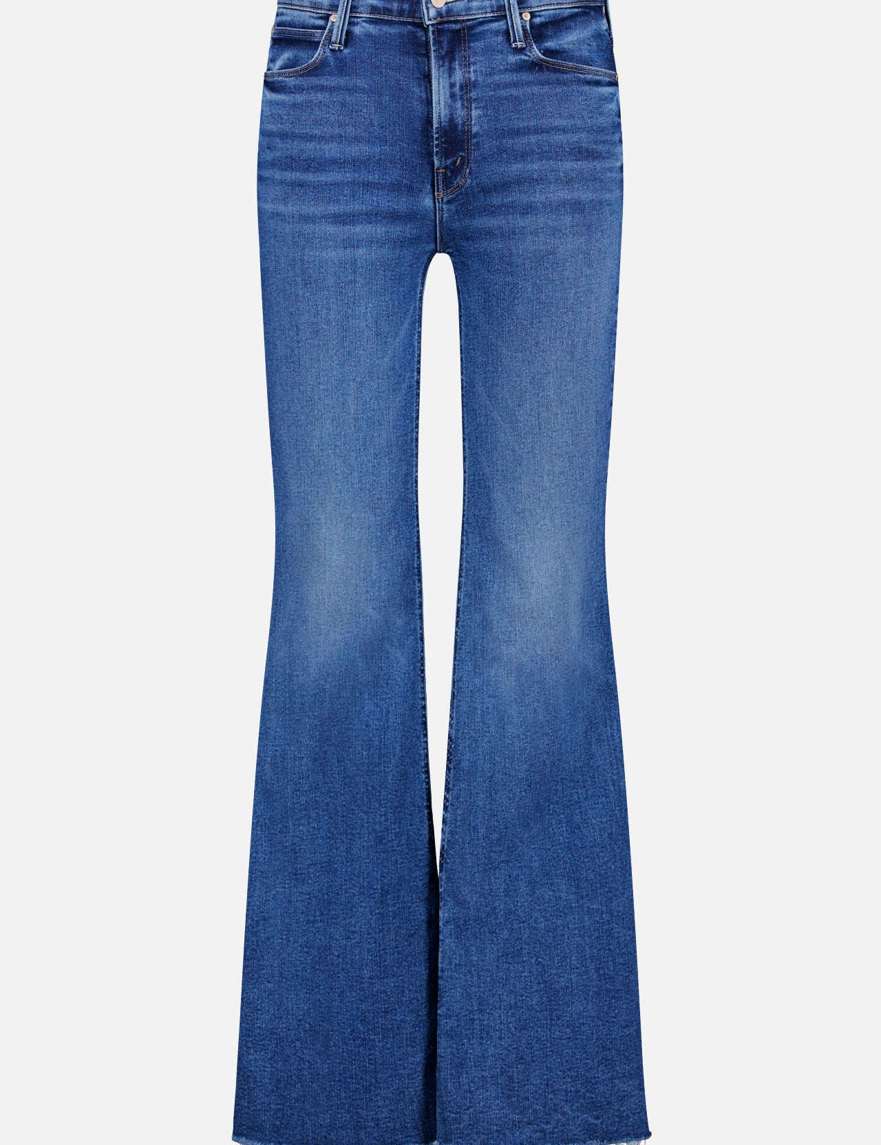 The Doozy Sneak Fray Jean by MOTHER is a pair of blue high-rise flare jeans in stretch denim with a vintage wash, front and back pockets, and frayed hems.