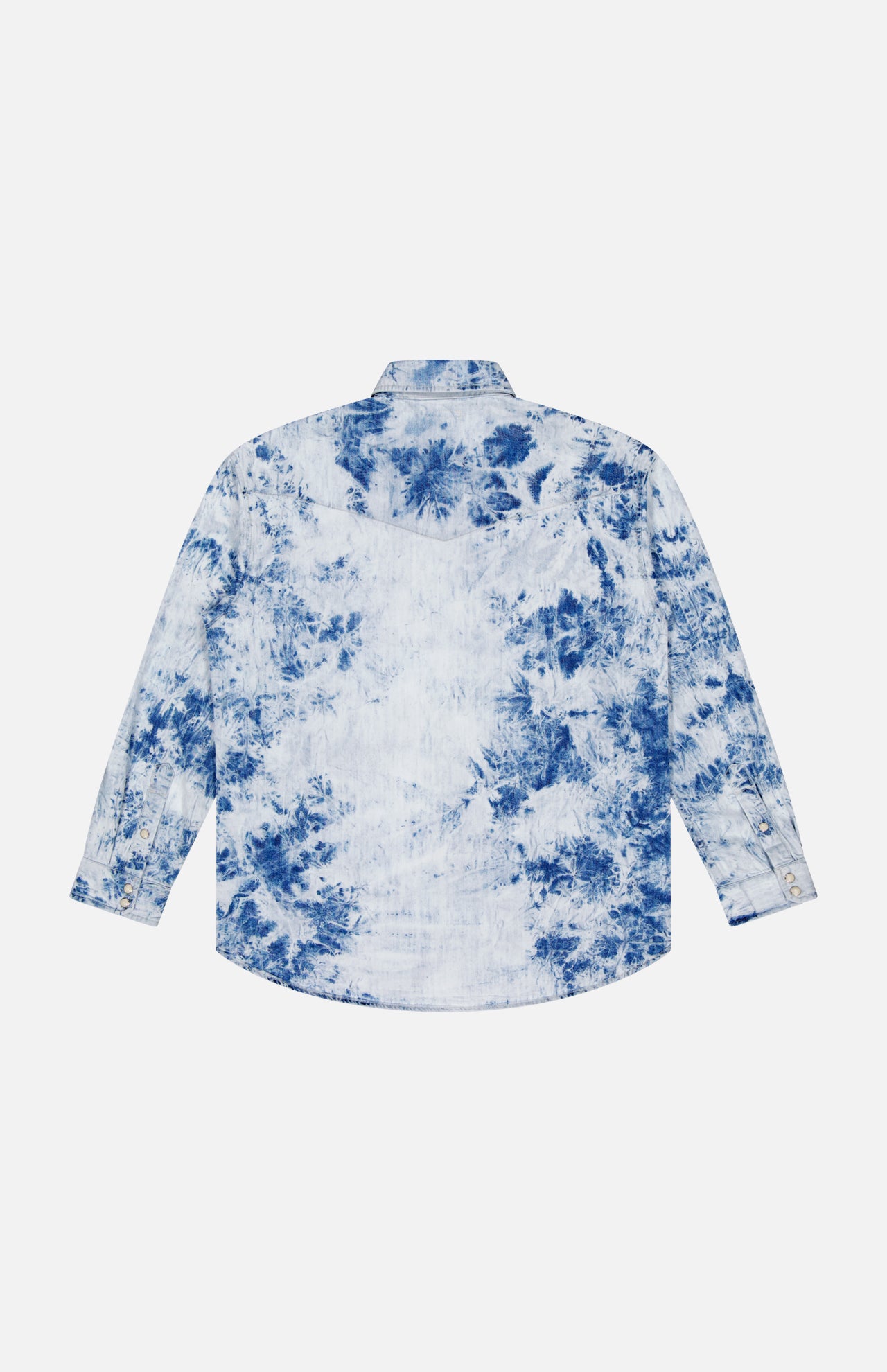 The Exes And Ohs Overshirt by MOTHER features a blue and white tie-dye design, classic collar, and buttoned cuffs. This long-sleeved, oversized shirt is shown from the back for a modern, relaxed vibe.