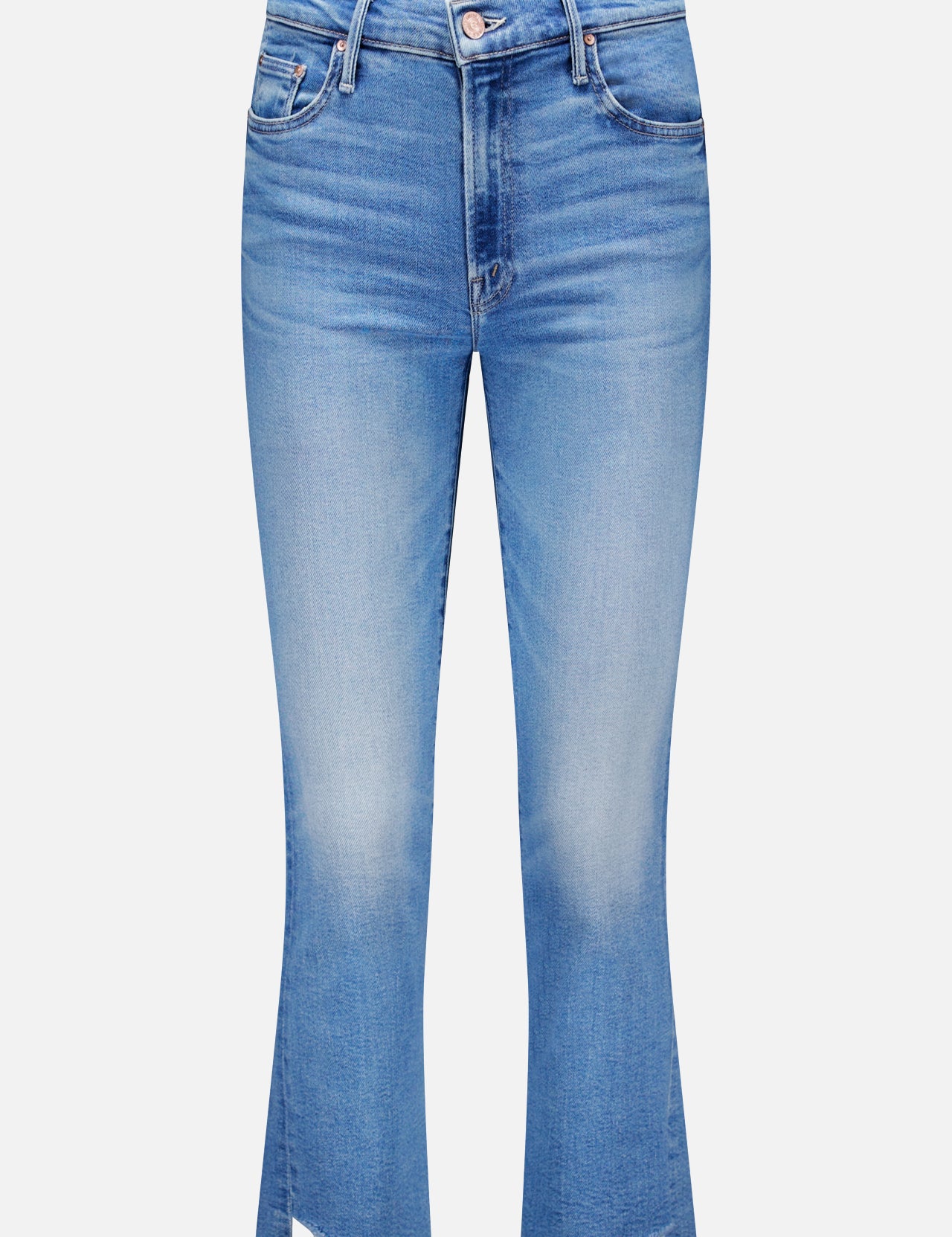 The Insider Crop Step Fray Jean by MOTHER: light blue high-waisted stretch denim bootcut jeans with a cropped ankle, faded front, five pockets, raw hem, and subtle edge fraying. Shown against a plain white background.