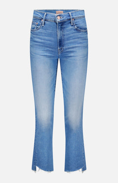 The Insider Crop Step Fray Jean by MOTHER: light blue high-waisted stretch denim bootcut jeans with a cropped ankle, faded front, five pockets, raw hem, and subtle edge fraying. Shown against a plain white background.