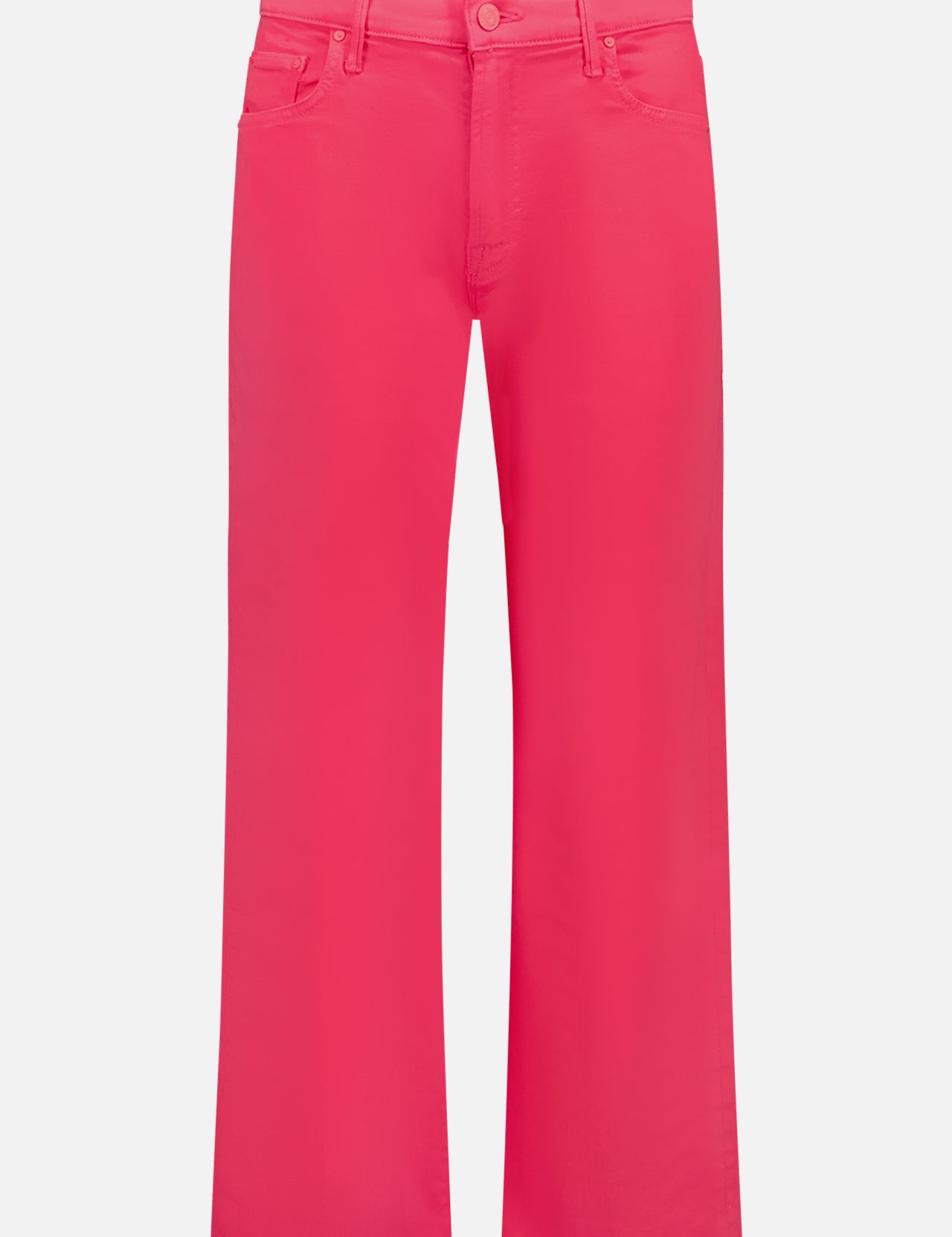 The Mid Rise Maven Flood Jean by MOTHER features bright pink stretch cotton denim, a mid-rise fit, wide legs, front and back pockets, belt loops, and button-zip closure, shown on a white background.