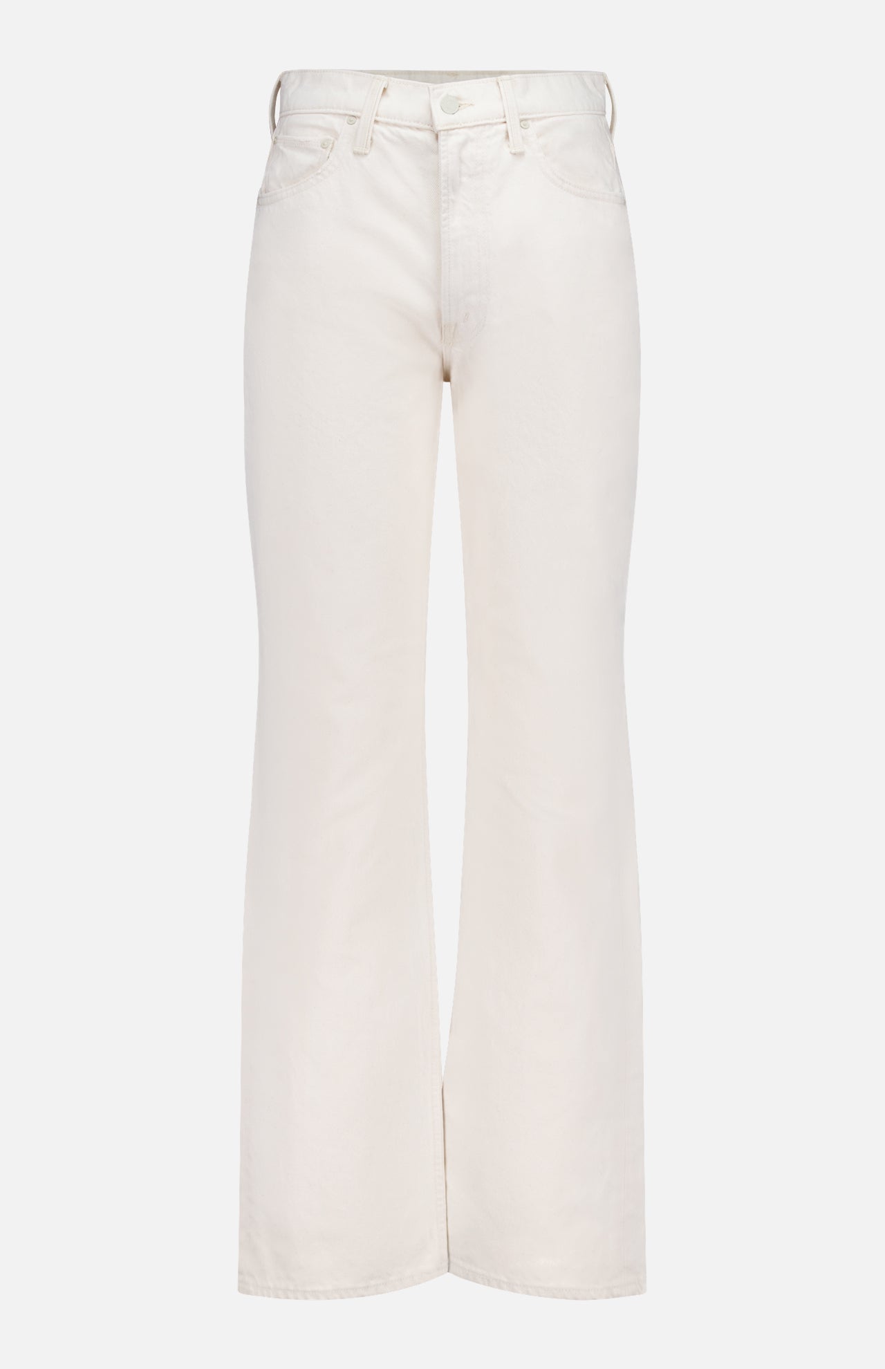 The Scooter Skimp Flare Leg Pant by MOTHER is a high-rise, white jean featuring wide flare legs, front and back pockets, belt loops, and a button closure in rigid cotton denim, shown against a plain white background.