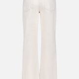 Back view of MOTHER’s The Scooter Skimp Flare Leg Pant, featuring an off-white high-rise fit with wide, flared legs, two back pockets, and belt loops, shown against a plain background.
