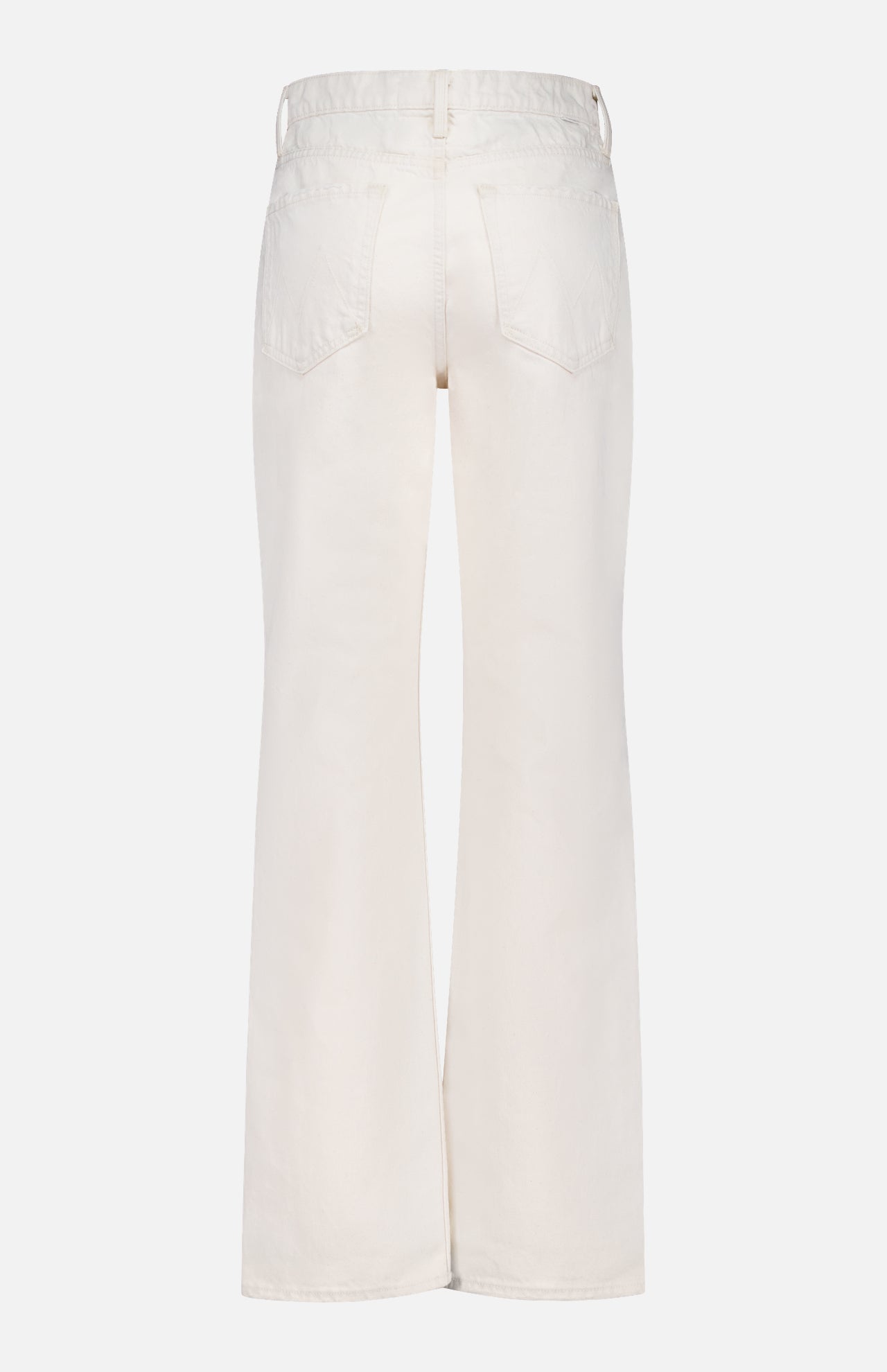Back view of MOTHER’s The Scooter Skimp Flare Leg Pant, featuring an off-white high-rise fit with wide, flared legs, two back pockets, and belt loops, shown against a plain background.