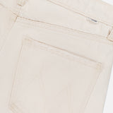 Close-up of the back pocket on MOTHER's The Scooter Skimp Flare Leg Pant in off-white, highlighting visible stitching and part of the waistband with a belt loop.