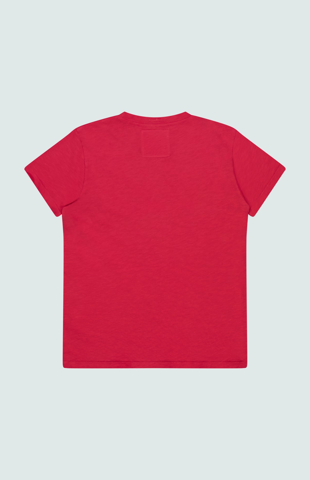 The Sinful Slim T-shirt by MOTHER is a plain red, short-sleeved tee shown from the back on a light background. Crafted from 100% cotton for superior comfort and quality.