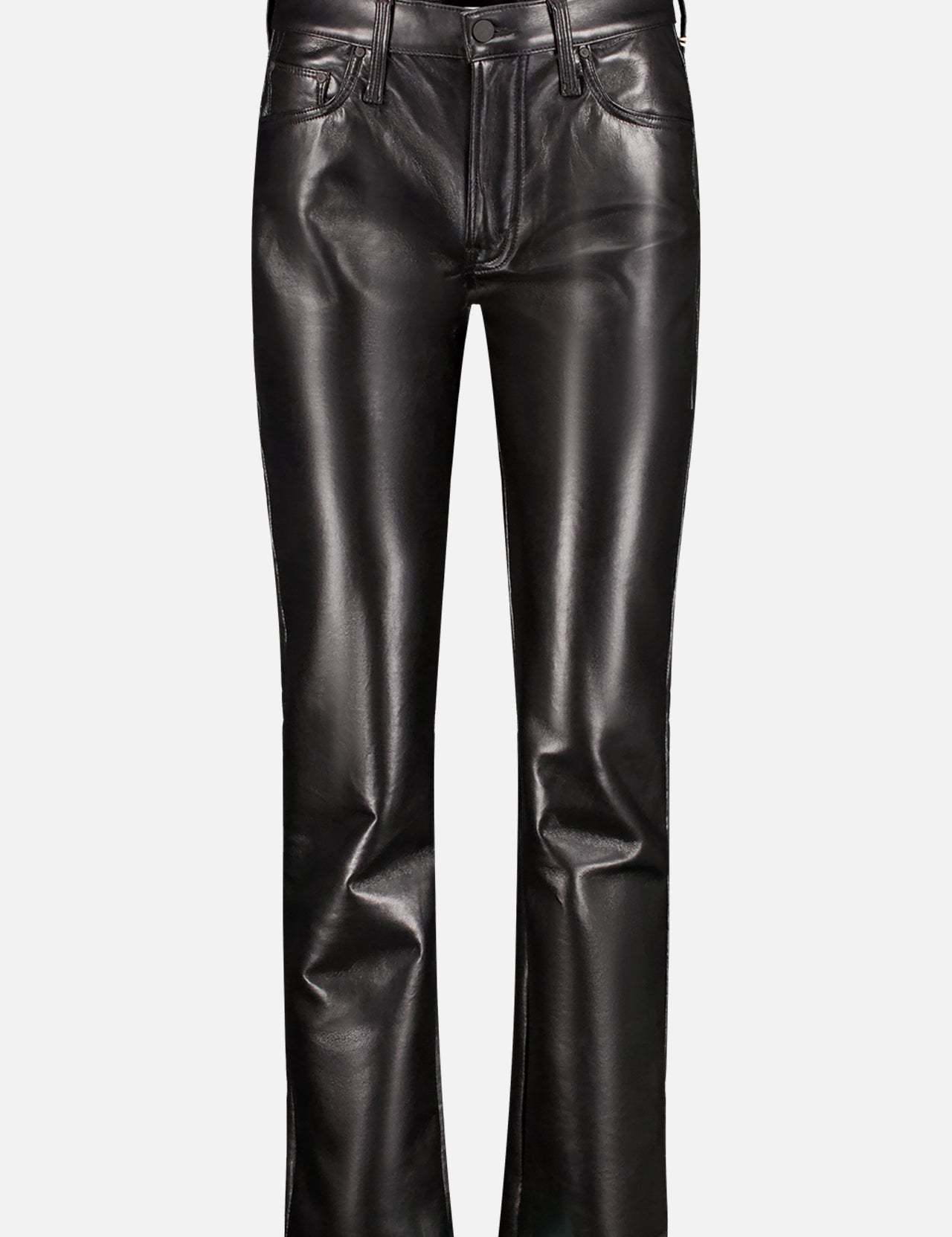 The Smarty Pants Skimp Jeans by MOTHER feature black faux leather, a high waist, straight-leg cut, five pockets, belt loops, and a button waist closure, shown on a plain white background.