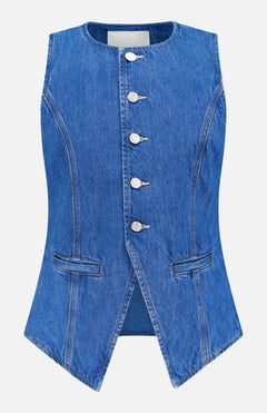 The Vested Interest Vest by MOTHER is a sleeveless blue denim top with a crew neck, five silver button-front closure, two small front pockets, subtle waist tapering, and a pointed open hem for added style.