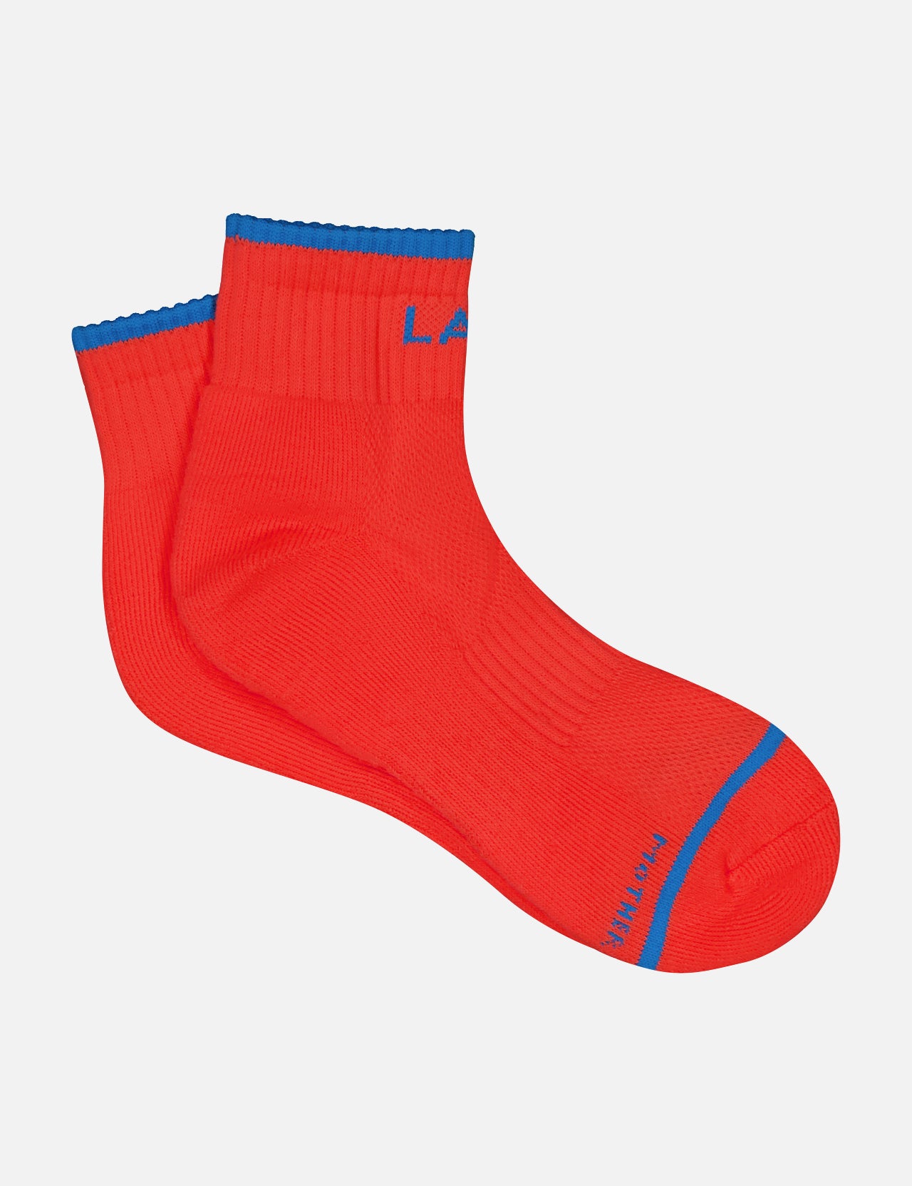 The MOTHER Baby Steps Ankle Socks are bright red with blue trim at the cuff and toe, visible ribbed texture, and blue lettering near the toe and cuff—perfect for making a bold statement.