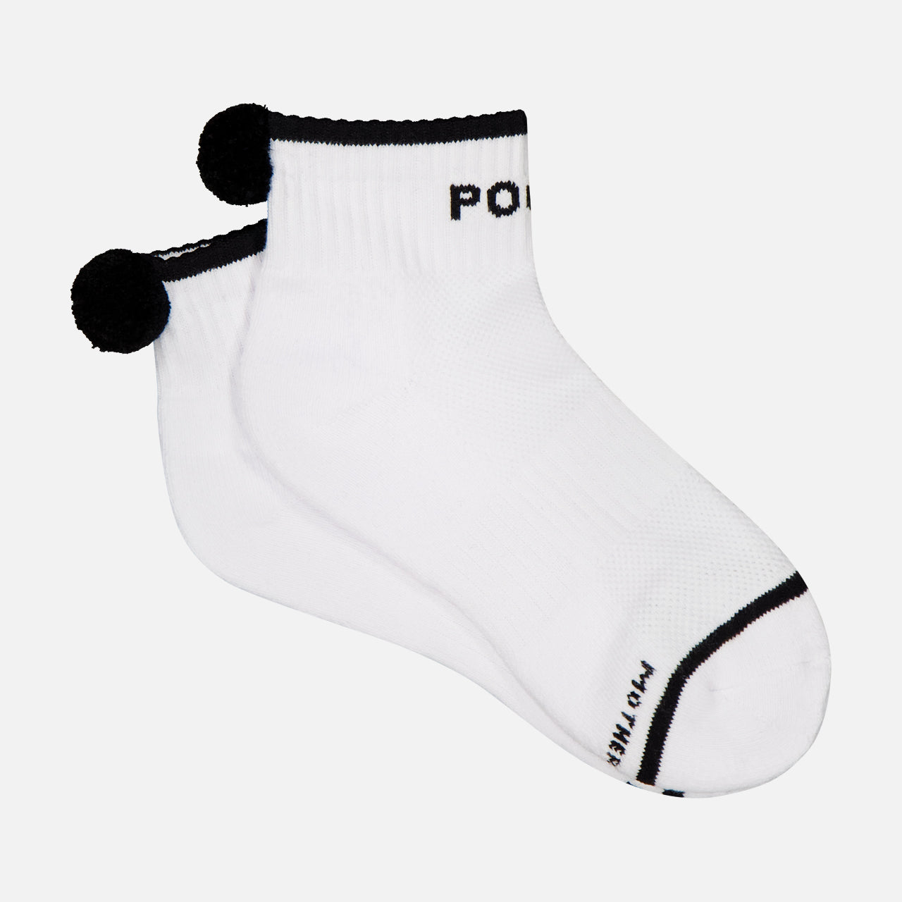The MOTHER Baby Steps Ankle Socks are sporty white socks with black trim, black pom-poms at the back, and the word "POL" in black letters near the top.