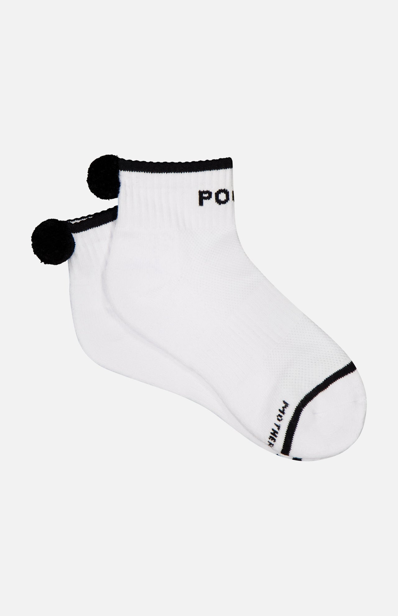 The MOTHER Baby Steps Ankle Socks are sporty white socks with black trim, black pom-poms at the back, and the word "POL" in black letters near the top.