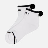 The MOTHER Baby Steps Ankle Socks are sporty white ankle socks with black trim, playful black pom-poms at the back, and black text accents near the top and toe for a fun, stylish look.